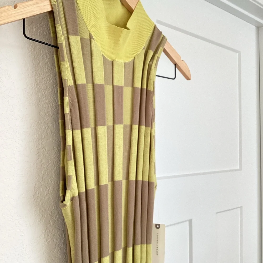 Anthropologie Sleeveless Mock-Neck Column Sleeveless Midi Dress Yellow Brown New